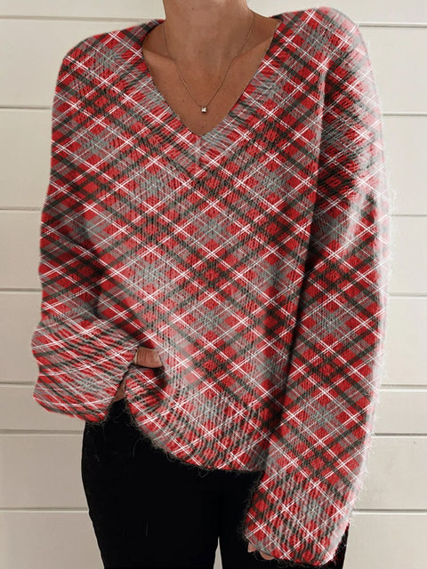 Red Tone Diagonal Checkered Decorative Pattern Casual V-neck Pullover Knit