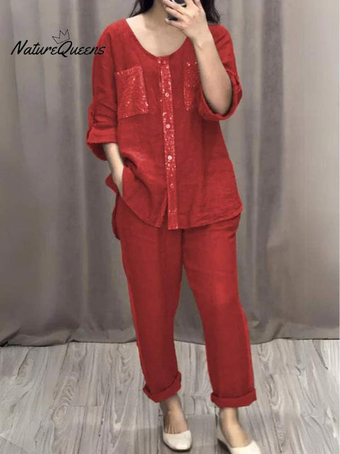 Cotton and Linen Sequined Round Neck Mid-sleeve Two-piece Suit