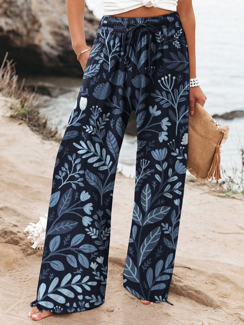 Tranquil Floral Garden Pattern Printed Women's Cotton And Linen Casual Pants