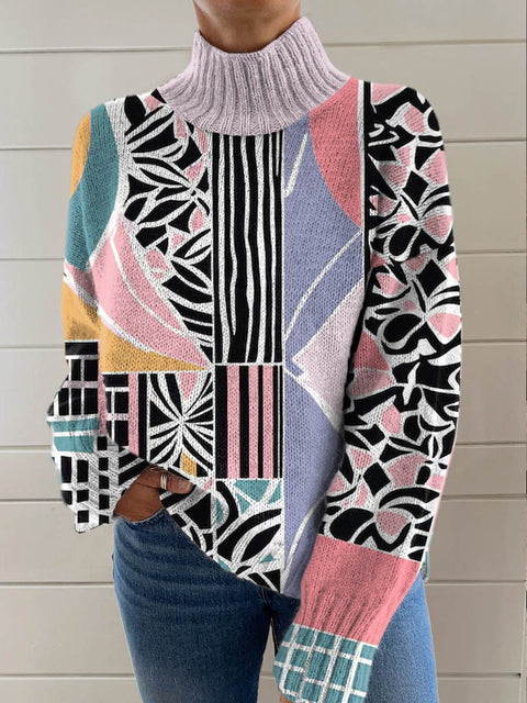 Abstract Geometric Pattern Art Print Knit Turtleneck Pullover Sweater