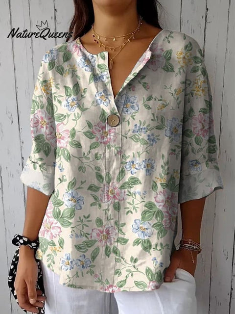 Lovely Hand Drawing Style Floral Pattern Printed Women's Casual Cotton Linen Shirt