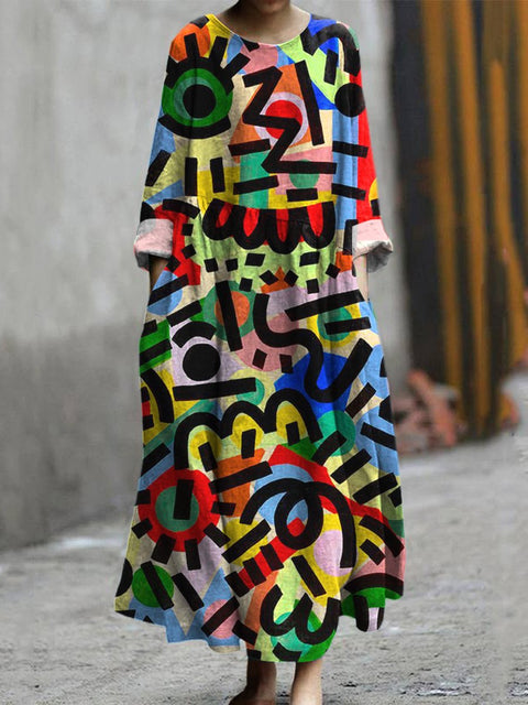 Abstract Geometric Pattern Printed Women's Pocket Cotton Dress