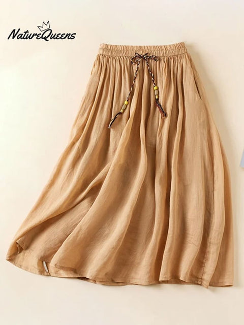 Women's Literary Loose Elasticated Waist Midi Midi A-line Skirt