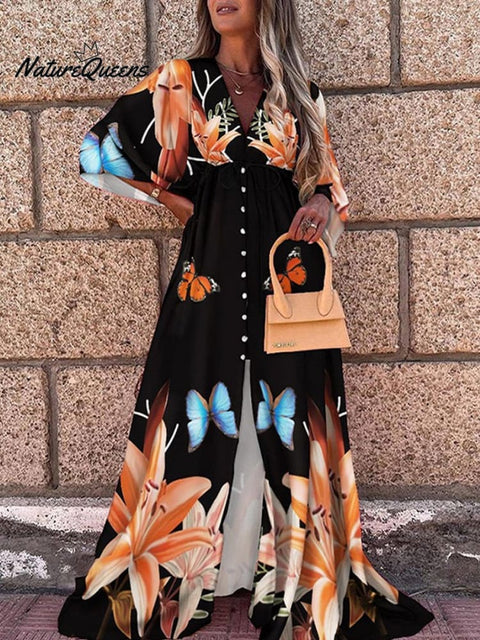 Women's Spring and Summer Casual Vacation Style V-Neck Printed Dress