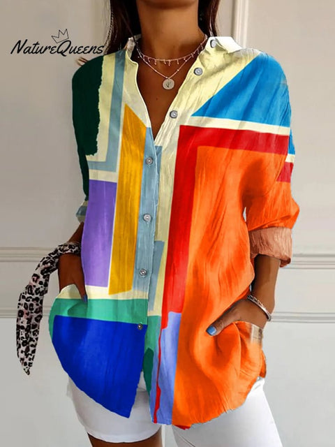 Women's  Minimalism Abstract Geometry Retro  Art  Print Casual Cotton Shirt