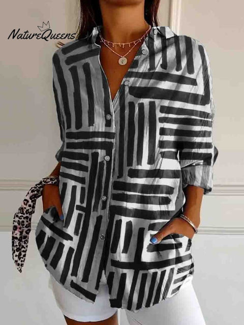 Black and White Striped Decorative Pattern Casual Cotton Shirt
