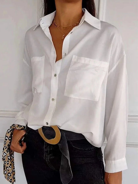 Women's Stylish Lapel Fashion Solid Color Long Sleeve Pocket Casual Shirt