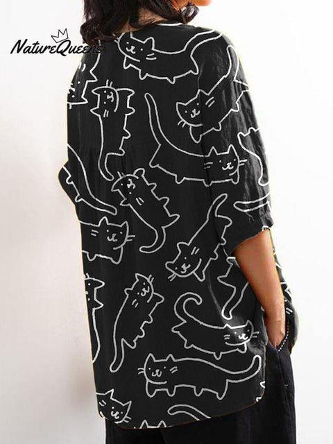 Lovely Cartoon Cat Repeat Pattern Printed Women's Casual Cotton And Linen Shirt