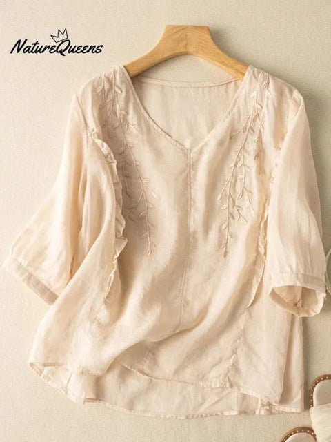 Embroidery Cotton And Linen Mid Sleeve Blouse