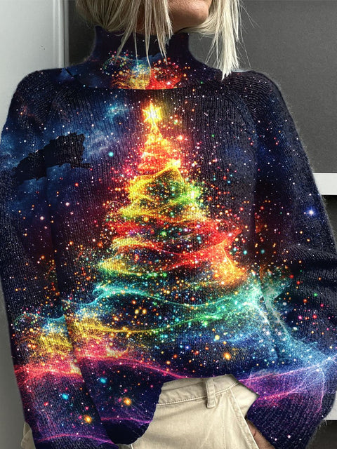 Glitter Christmas Print Knit Turtleneck Pullover Sweater