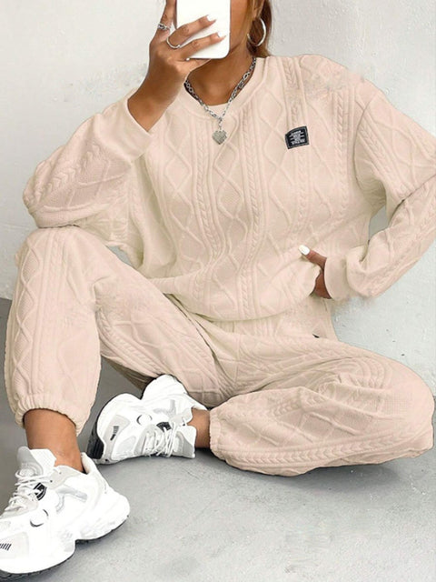 Women's Jacquard Long Sleeve Casual Round Neck Sweatshirt and Pants Suit