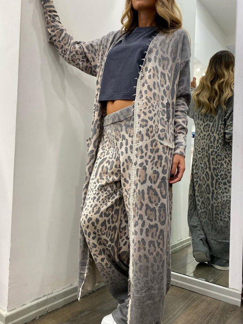 Women's Leopard Print Long Sleeve Cardigan Jacket And Long Pants Two Piece Set Outfit