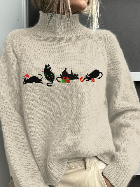 Funny Cat Christmas Embroidery  Art Print Knit Turtleneck Pullover Sweater