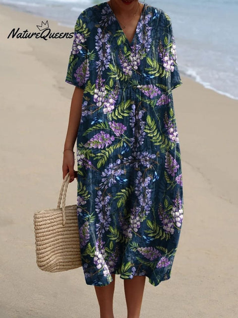 Midnight Purple Sage Floral Pattern Printed Women's Flowy Dress