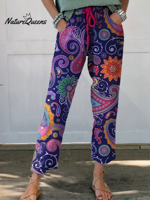 Fantastical Style Paisley Pattern Printed Women’s Cotton And Linen Casual Pants Multicolor / S