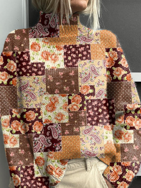 Rustic Patchwork of Flowers Art Print Knit Turtleneck Pullover Sweater