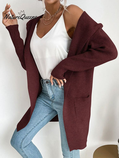 Autumn and Winter Women's Hooded Pit Knitted Sweater Cardigan Jacket