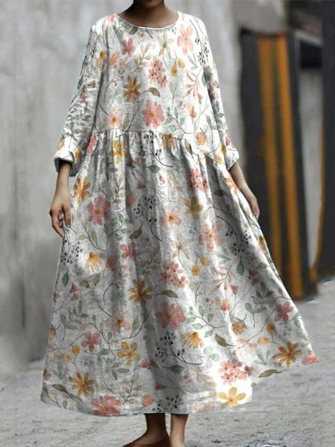 Pink Floral Decorative Pattern Pocket Cotton Dress