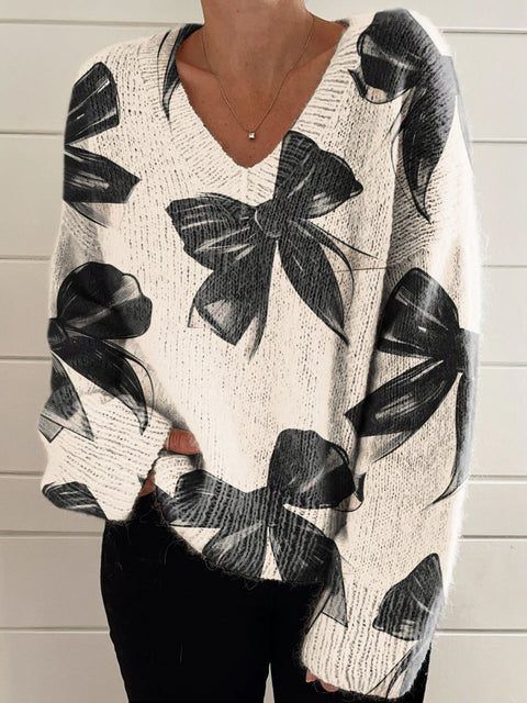 Black Bow Decorative Pattern Casual V-neck Pullover Knit