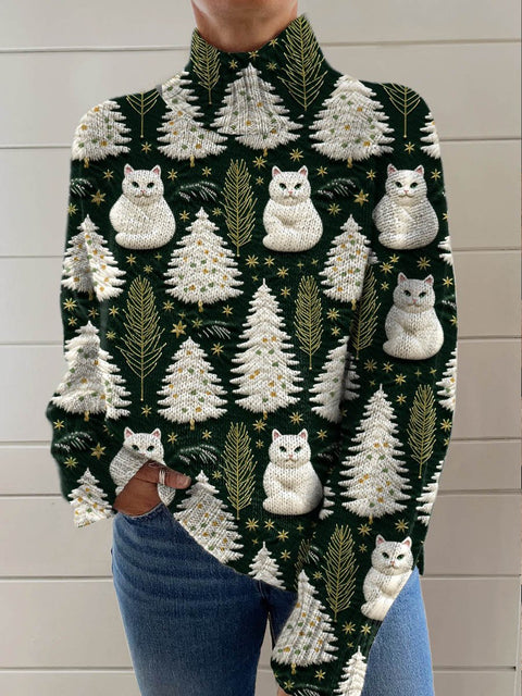 Women's Lovely Christmas Tree Cats Art Print Knit Turtleneck Pullover Sweater