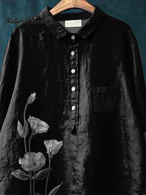 Ink And Wash Style Floral Printed Women's Casual Cotton And Linen Shirt