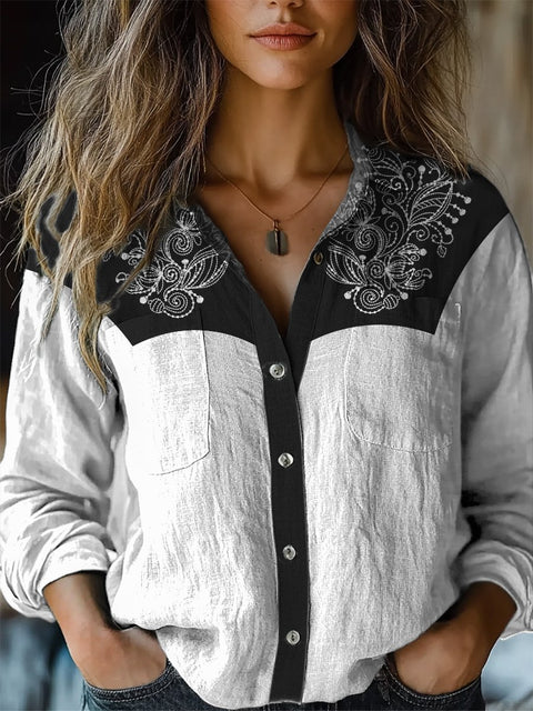 Embroidery Floral Art Printed Women's Casual Long Sleeve Comfortable Cotton Shirt