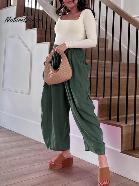 Women's Stylish Casual Fashionable Elastic Waist Loose Cotton Linen Pants