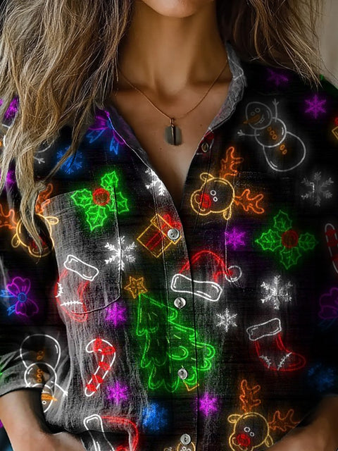 Lovely Neon Light Christmas Pattern Printed Women's Casual Long Sleeve Comfortable Cotton Shirt