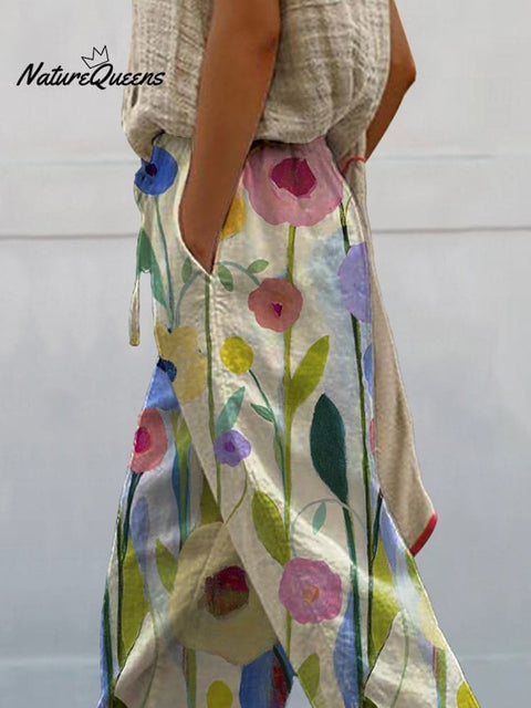 Oil Painting Spring Field Art Printed Women's 100%Cotton Casual Pants