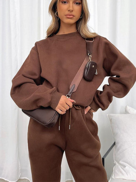 Solid Color Round Neck Long Sleeve Trousers Sweatshirt Suit