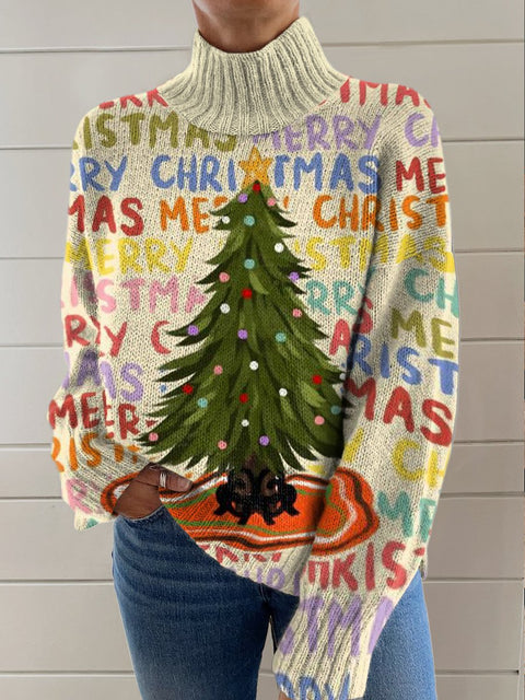 Merry Christmas Christmas Tree Print Knit Turtleneck Pullover Sweater