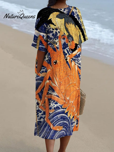 Japanese Retro Painting Lobster Decorative Pattern Flowy Dress