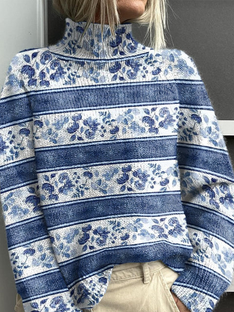 Blue Horizontal Striped Flowers Print Knit Turtleneck Pullover Sweater