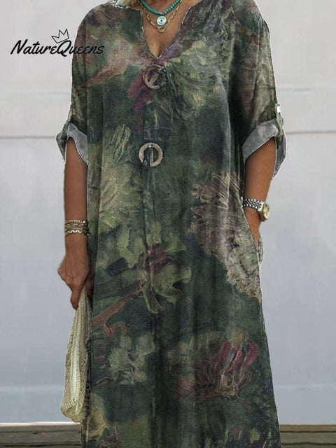 Oil Painting Night Forest Printed Women's Pocket Cotton Dress