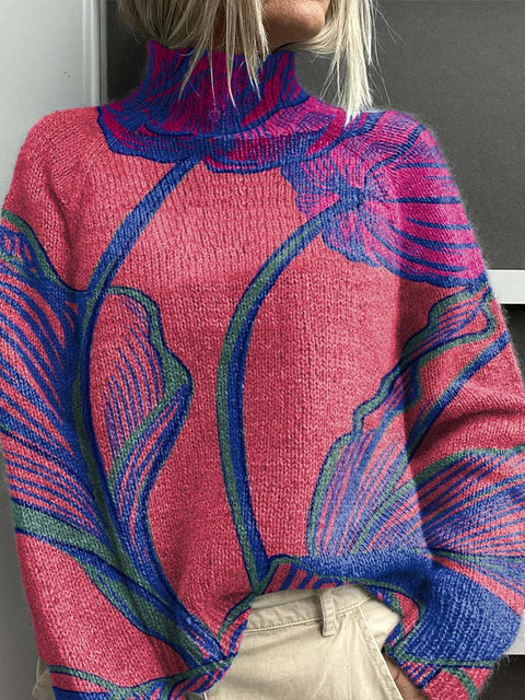 Large Flower Decorative Pattern Knit Turtleneck Pullover Sweater