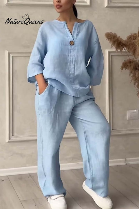 Casual button decorated cotton and linen two-piece set