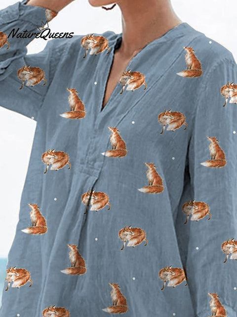 Petite Foxes Repeat Pattern Printed Women's Casual Linen V-Neck Shirt