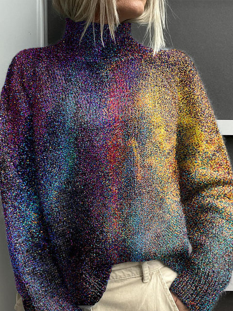 Irregular Colors Art Print Knit Turtleneck Pullover Sweater