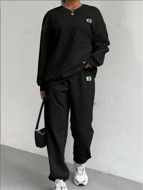 Women's Jacquard Long Sleeve Casual Round Neck Sweatshirt and Pants Suit