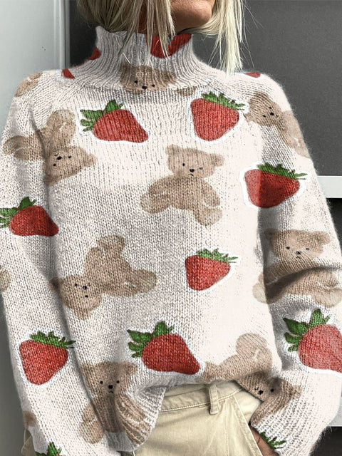Strawberry and Bear Decorative Pattern Knit Turtleneck Pullover Sweater