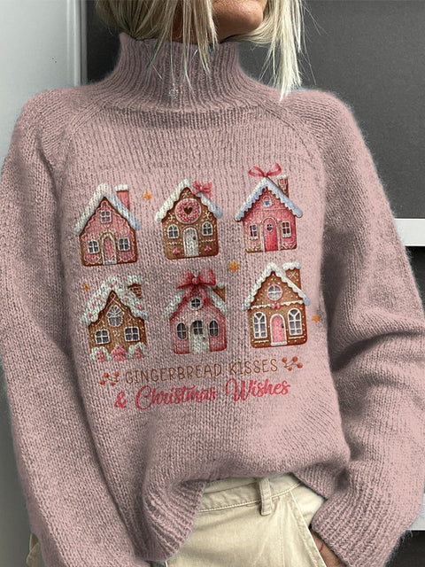"Gingerbread Kisses & Christmas Wishes" Christmas Gingerbread Graphic Printed Knit Turtleneck Pullover Sweater