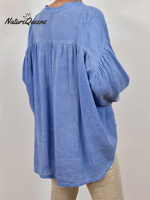 Casual V-neck Cotton and Linen Top