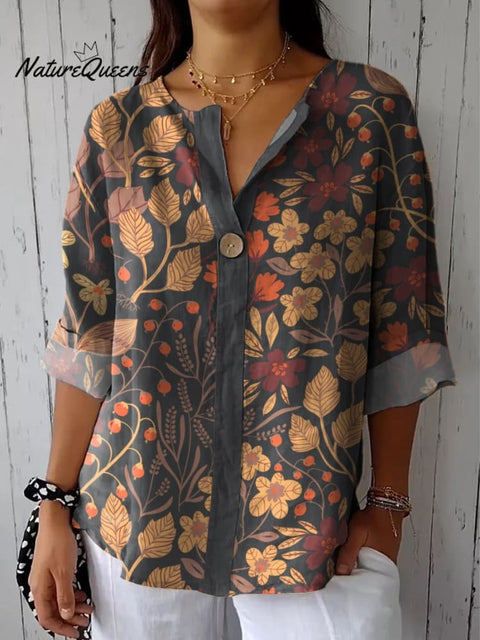 Yellow Tone Floral Plant Decorative Pattern Casual Cotton Linen Shirt