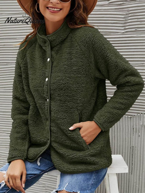 Women's Stylish Casual Fashionable Long Sleeve Solid Color Furry Single Breasted Coat