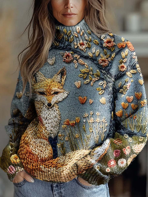 Women's Lovely Fox Art Print Knit Turtleneck Pullover Sweater