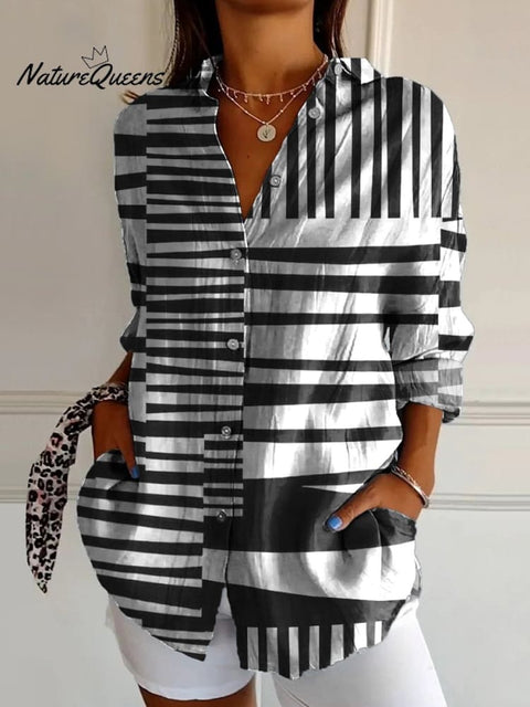 Black And White Irregular Strip Pattern Printed Women's Casual Cotton Shirt
