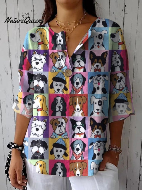 Lovely Check And Puppy Dog Pattern Printed Women's Casual Cotton Linen Shirt