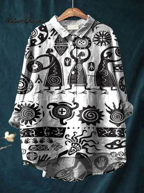 Retro Mural Style Decoration Casual Cotton And Linen Shirt