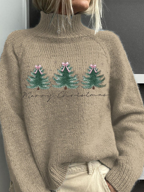Embroidery Christmas Art Print Knit Turtleneck Pullover Sweater
