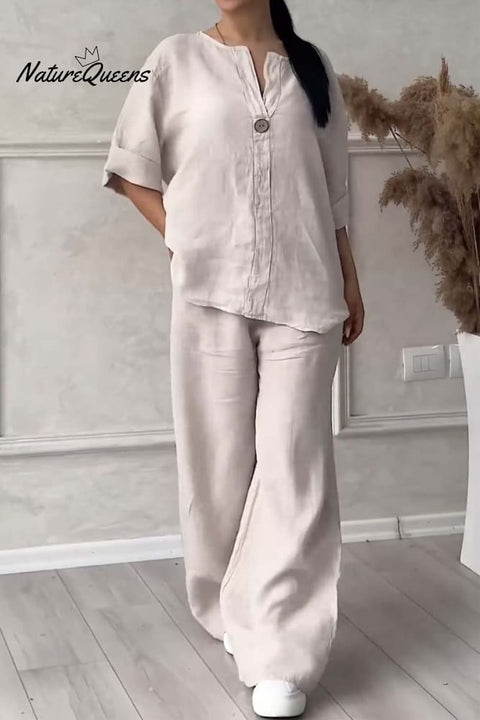 Casual button decorated cotton and linen two-piece set